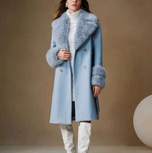 Women's Fluffy Collar Long Belted Coat, Thicken And Warm